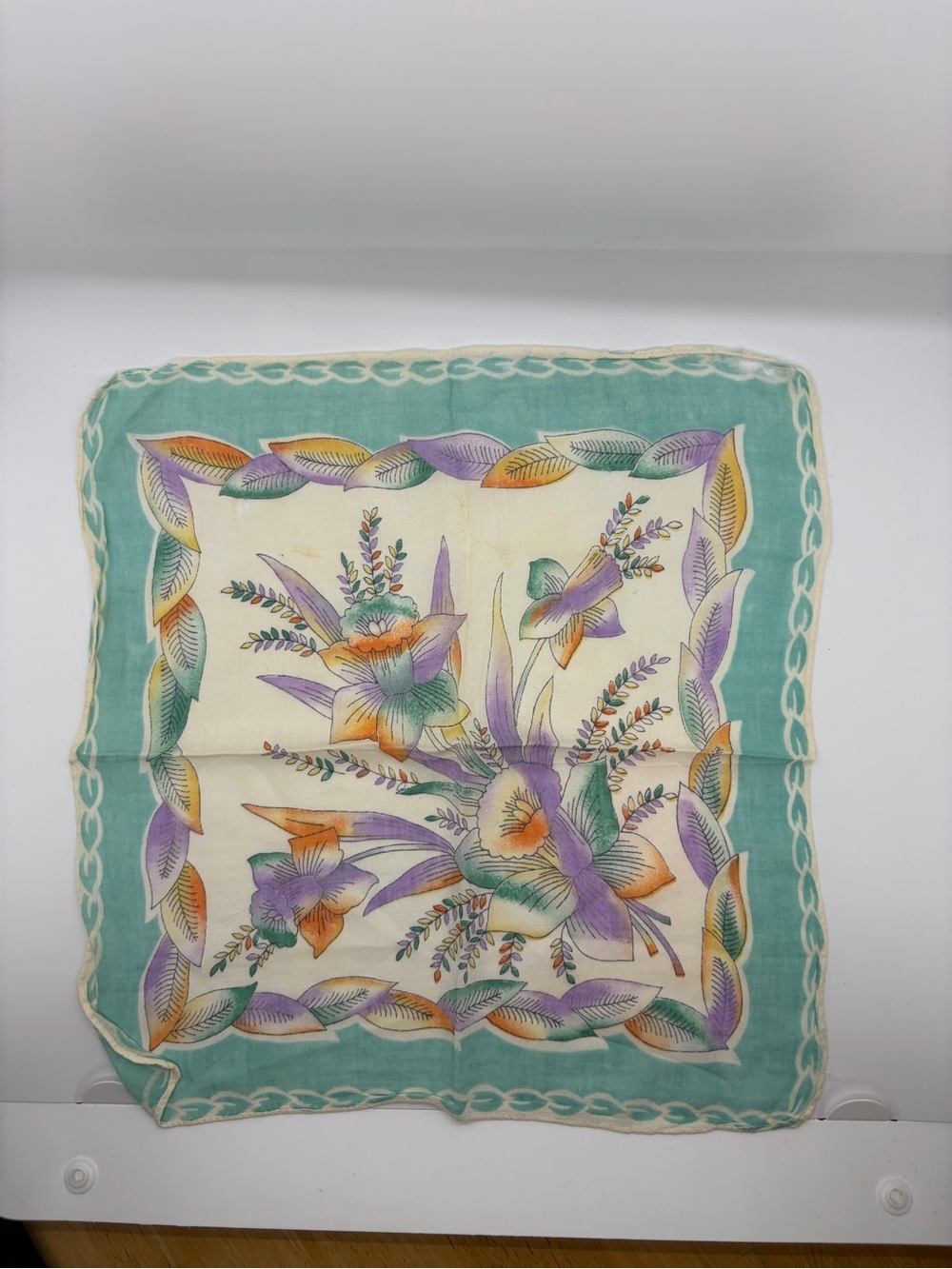 VTG Floral Scalloped Border Hankie Handkerchief Teal Purple